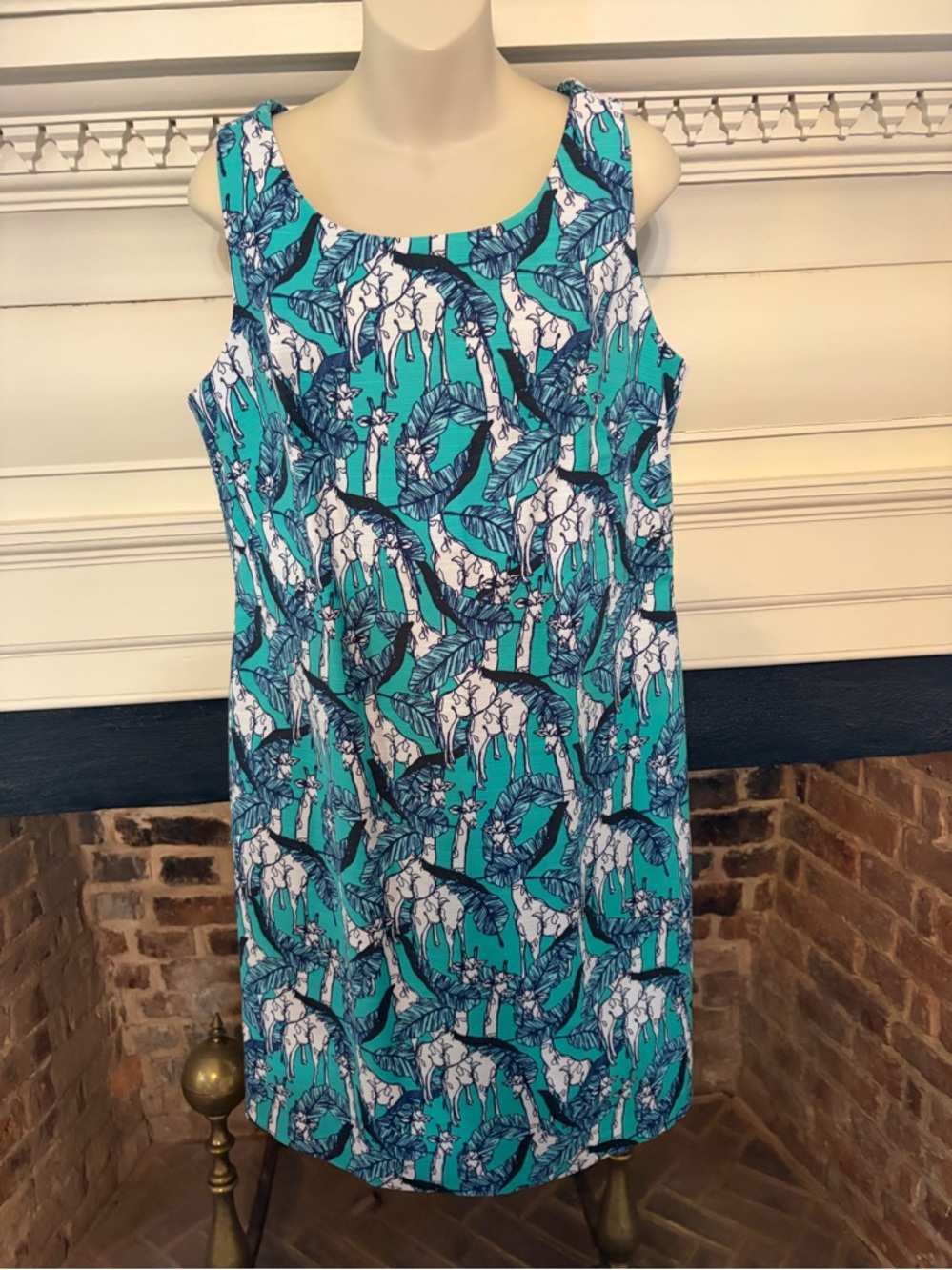 Talbots Giraffe Sleeveless Teal Tropical Print Shift Dress Sz 10 NWT $ 109